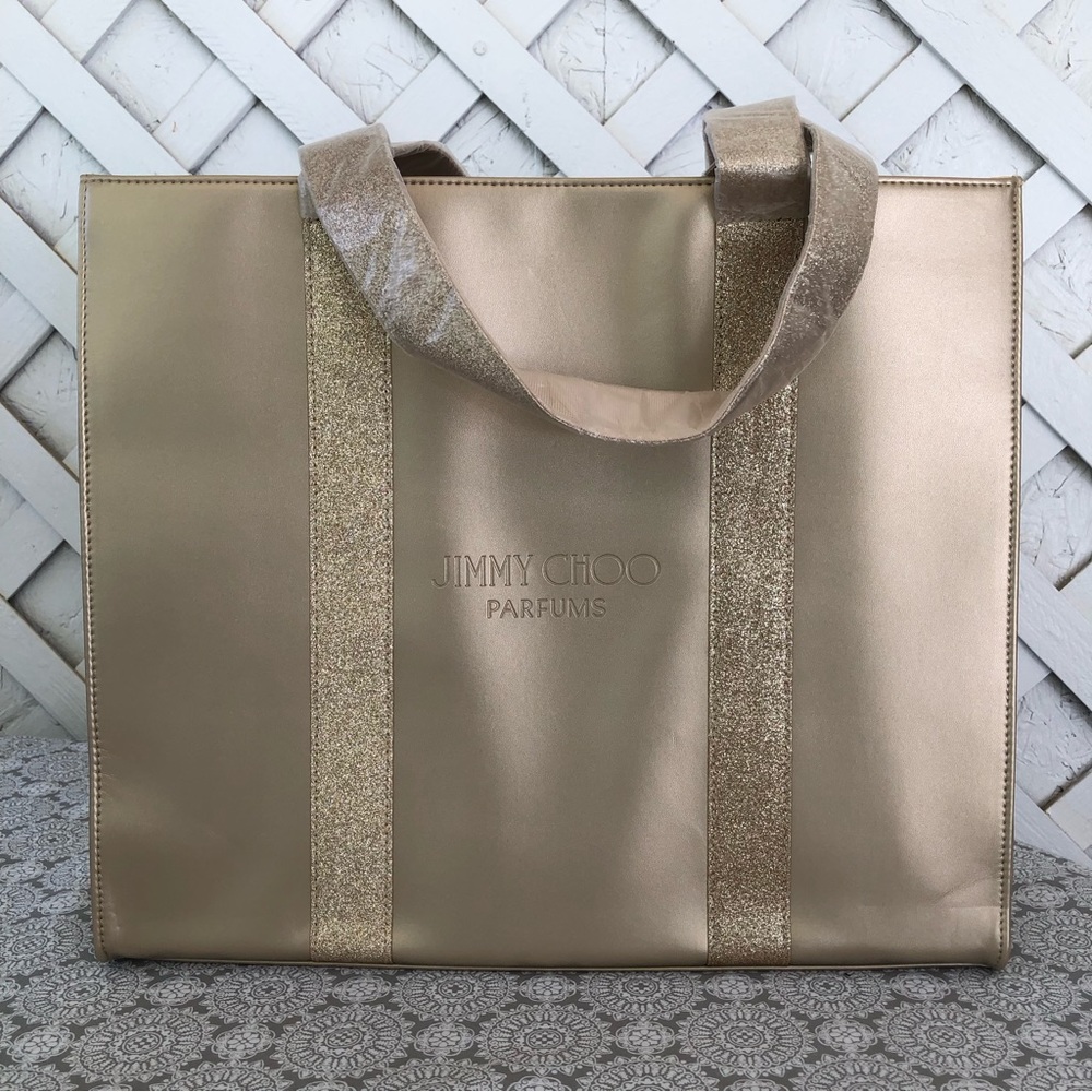 NWT Jimmy Choo Parfums Champagne Gold Tote Bag Glitter Straps/Trim New Gift Bag